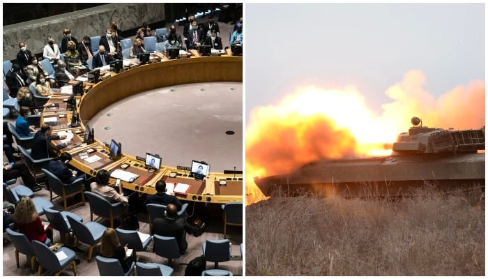 One of UN General Assembly meetings (Left), Shooting in Eastern Ukraine (Right). AFP/Reuters.
