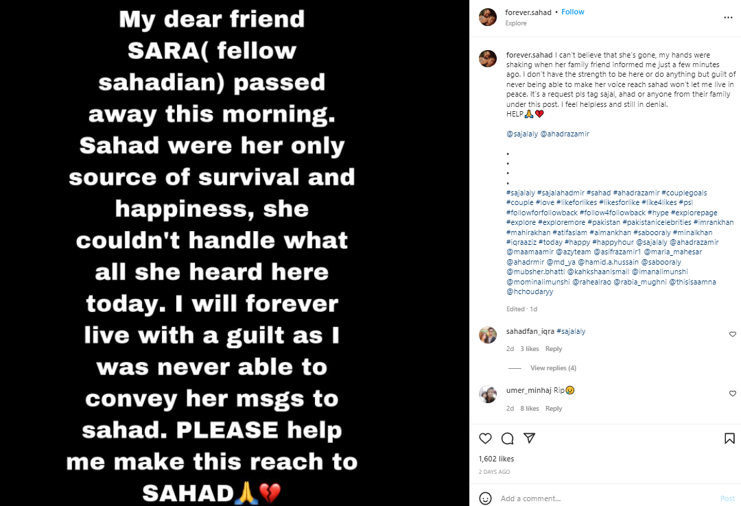 Sajal Aly, Ahad Raza Mir’s fan passes away after divorce reports: Fan account claims