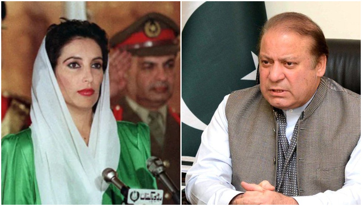Former prime ministers of Pakistan Benazir Bhutto Shaheed (L) and Nawaz Sharif (R). — AFP/ File