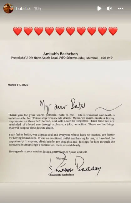 Amitabh Bachchan sends heartfelt letter to Irrfan Khan’s son:  ‘Irrfan was a great soul’