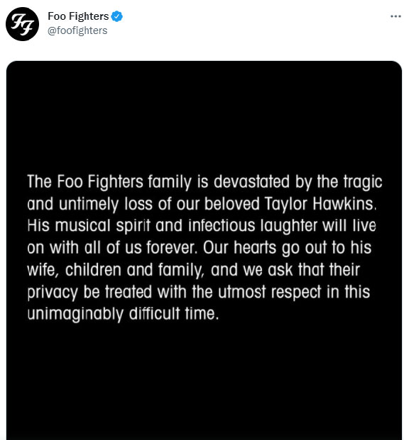 Foo Fighters Taylor Hawkins demise has left fans and fellow musicians devastated