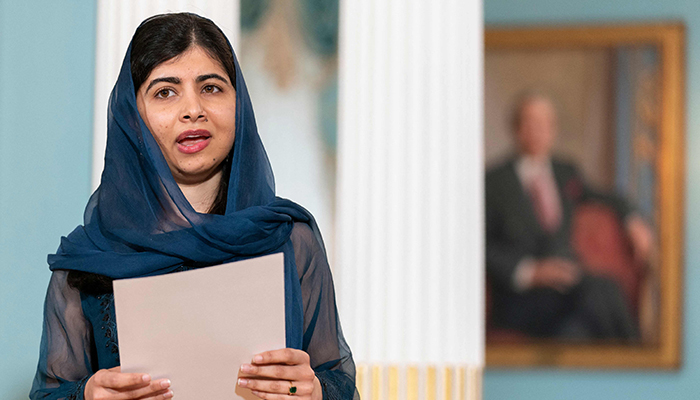Malala Yousafzai, Pakistani activist for female education and a Nobel Peace Prize laureate, speaks in the Treaty Room at the State Department in Washington on December 6, 2021. — AFP