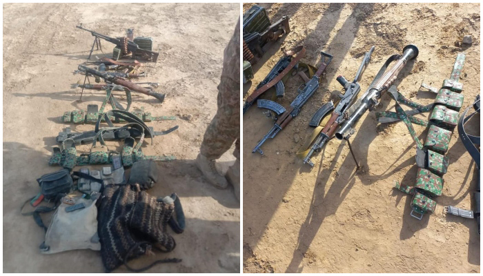 The arms and ammunition were recovered from the terrorists in Nagao Mountains near Sibbi, Balochistan, on March 26, 2022. — ISPR