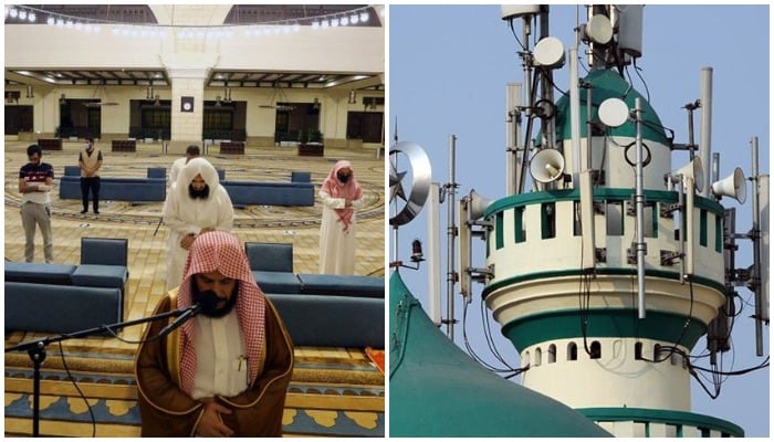 A congregational prayer (Left), speakers of a mosque (Right).  — Reuters/AFP.