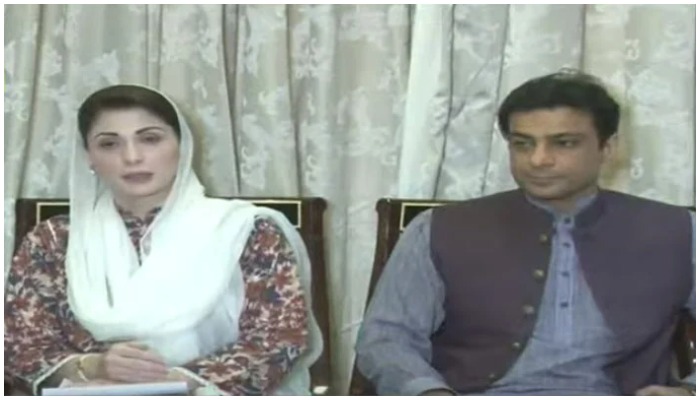 PML-N Vice-President Maryam Nawaz and Opposition Leader in the Punjab Assembly Hamza Shahbaz speaking to the media in Gujranwala ahead of Prime Minister Imran Khans address to the nation on Sunday, March 27, 2022. — Screengrab via Hum News Live