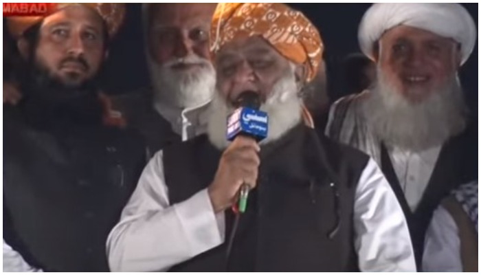 Pakistan Democratic Movement (PDM) chief Maulana Fazlur Rehman addressing a rally in Islamabad on Sunday evening. — Screengrab via Hum News Live