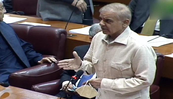 Leader of the Opposition in the National Assembly and PML-N President Shahbaz Sharif speaks during a National Assembly session, on March 28, 2022. — YouTube