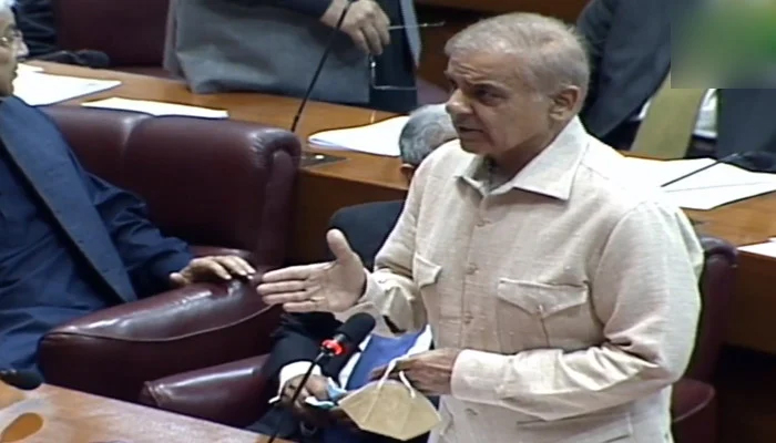 Leader of the Opposition in the National Assembly and PML-N President ShahbazSharif speaks during a National Assembly session, on March 28, 2022. — YouTube