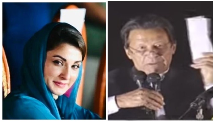 A combo of PML-N leader Maryam Nawazs picture (left) and a screengrab of PM Imran Khan flashing a letter at PTIs rally. Photo: Twitter