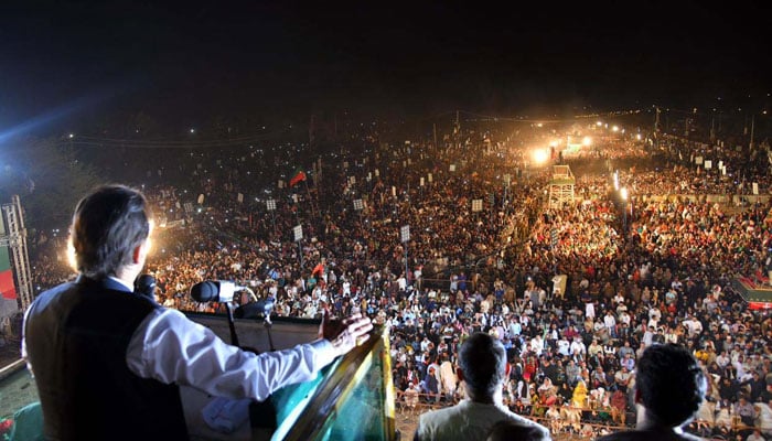 Prime Minister Imran Khan addresses the historic public gathering at Parade Ground in Islamabad on March 27, 2022. — PID/File