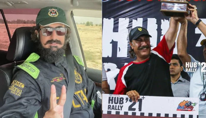 Sahibzada Sultan posting before the rally (L); holding the 2021 trophy (R). — Muzamil Asif/ Hub Rally