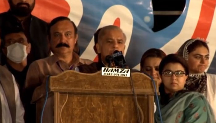 Shahbaz Sharif addressing a public gathering organised by the Pakistan Democratic Movement (PDM) in Islamabad on March 28, 2022. — Screen grab via PML-N Twitter