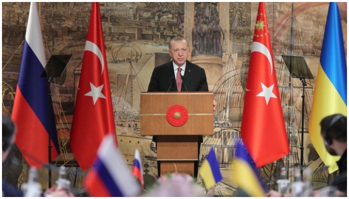 Turkish President Recep Tayyip Erdogan addresses  face-to-face talks at the Dolmabahce palace in Istanbul. Photo: AFP