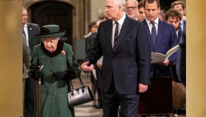 Queen uses walking stick to attend husband Prince Philips memorial service with son Prince Andrew
