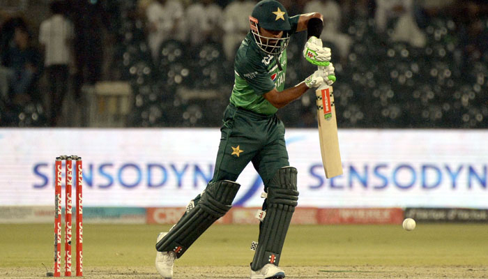 Pakistan’s captain Babar Azam hits a shot during Pakistan’s ODI against Australia in Lahore, on March 29, 2022. — PCB
