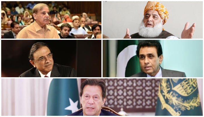 Opposition Leader in the National Assembly Shahbaz Sharif (upper left), PPP Co-chairman Asif Ali Zardari (lower left), PDM chief Maulana Fazlur Rehman (upper right), MQM-P Convener Khalid Maqbool Siddiqui (lower right), and Prime Minister Imran Khan (centre). — Twitter/Reuters/INP/Twitter/PID