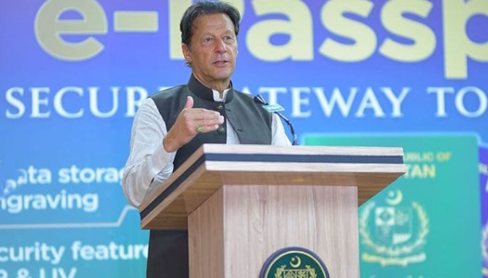 Prime Minister Imran Khan addressing the launch ceremony of electronic passports in Islamabad on March 30, 2022. — Instagram
