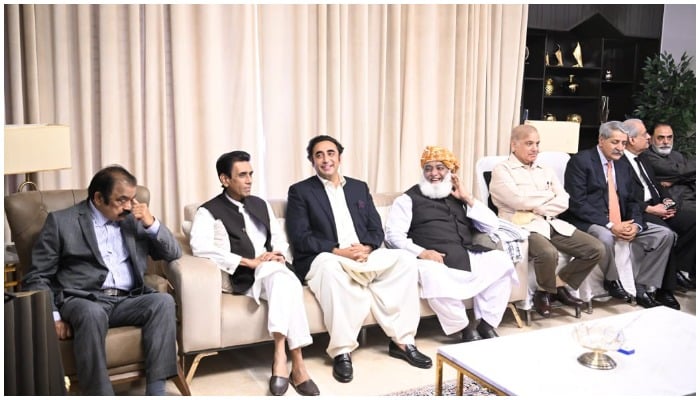 Leaders of the Opposition (left to right): PML-N leader Rana Sanaullah, MQM-P Convener Khalid Maqbool Siddiqui, PPP Chairman Bilawal Bhutto-Zardari, JUI-F chief Maulana Fazlur Rehman, PML-N President Shahbaz Sharif, and others. — Twitter/MediaCellPPP