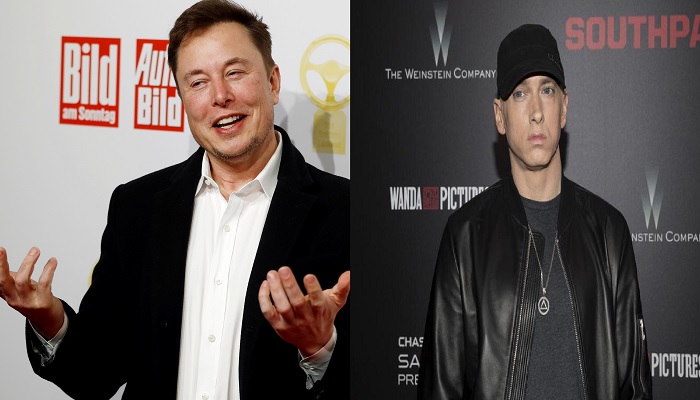 SpaceX owner and Tesla CEO Elon Musk arrives on the red carpet for the automobile awards Das Goldene Lenkrad (The golden steering wheel) given by a German newspaper in Berlin, Germany, November 12, 2019 (Right). Musician Eminem attends the premiere of Southpaw in New York July 20, 2015 (Left).—Reuters