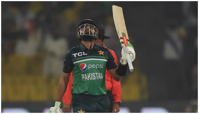 Pakistan skipper Babar Azam celebrates century in first ODI. Photo: AFP/ file