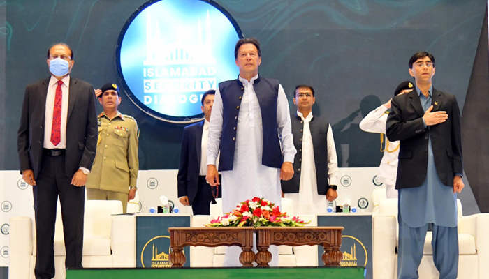 Prime Minister Imran Khan at Islamabad Security Dialogue along with National Security Adviser Moeed Yusuf on April 1, 2022. — PID