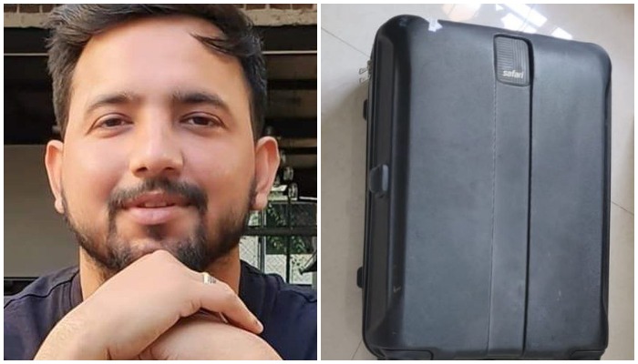 A combo of pictures showing Nandan Kumar and his lost bag. Photo: BBC