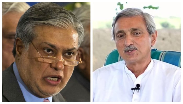 Former finance minister Ishaq Dar and Pakistan Tehreek-e-Insafs former secretary-general Jahangir Khan Tareen. — Twitter