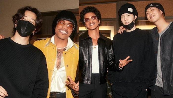 BTS poses with Bruno Mars at backstage of Silk Sonic concert