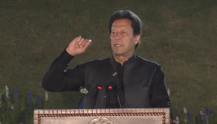 Prime Minister Imran Khan speaks during a dinner ceremony of government lawmakers at the PM House in Islamabad, on April 2, 2022. — YouTube/PTV
