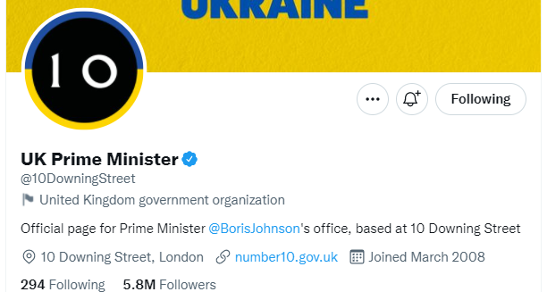 The intro of the UK Prime Minister account showing that the account was created in March 2008.
