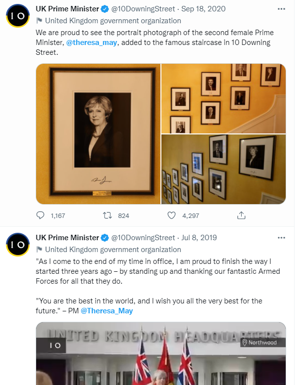 10 Downing Street account showing tweets related to former prime minister Theresa May. — Screengrab/Twitter