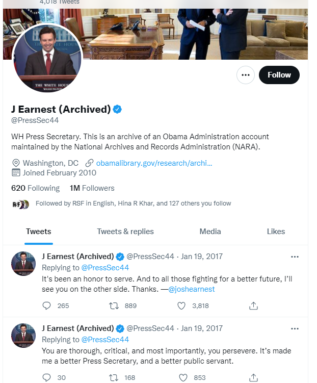 Josh Earnest was Obamas White House Press secretary and his Twitter account was also verified. — Screengrab/Twitter