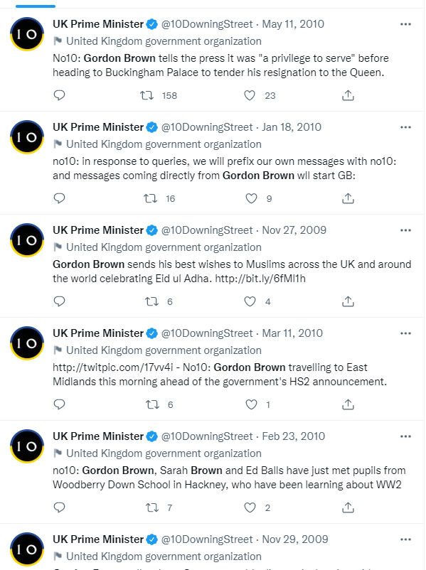 10 Downing Street account showing tweets done on behalf of by UKs former prime minister Gordon Brown. — Screengrab/Twitter