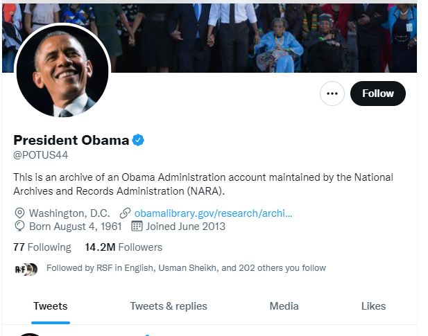 Former president Barrack Obamas twitter account showing it has been archived. Screengrab/Twitter