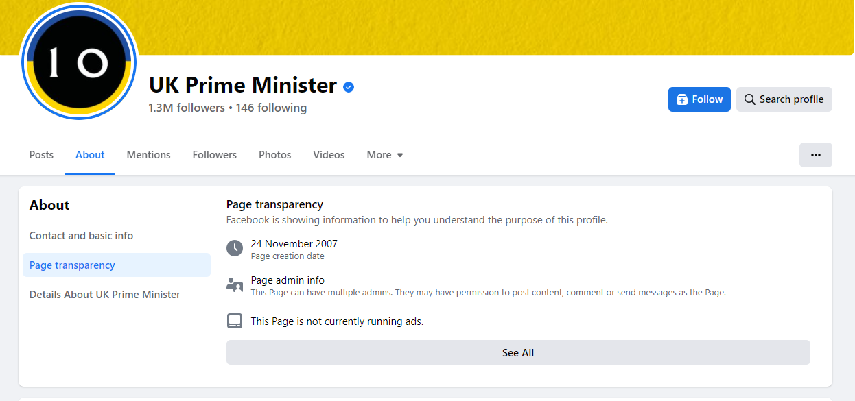 Details of when UK PMs official Facebook account was created. — Screengrab/Facebook