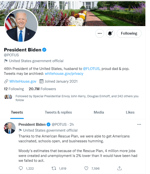 US President Joe Bidens Twitter account shows that it was created in January 2021