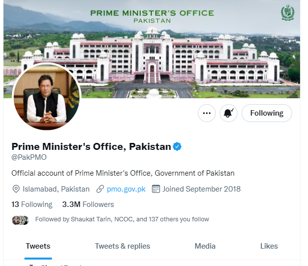 Pakistan Prime Minister Offices Twitter account shows it was created in September 2018 after PM Imran was elected to office. — Screengrab/Twitter