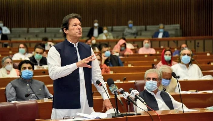 Imran Khan address the Parliament. — File/Radio Pakistan
