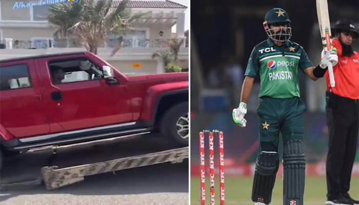 The Jeep — BAIC BJ40 Plus 2022 — is being delivered at Pakistan captain Babar Azams house in Lahore , on April 4, 2022 (left) Babar Azam celebrates after scoring a half-century (50 runs) during the third and final one-day international (ODI) cricket match between Pakistan and Australia at the Gaddafi Cricket Stadium in Lahore on April 2, 2022. — Instagram/AFP
