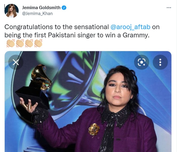 Arooj Aftab receives applause from Jemima Goldsmith for winning Grammy