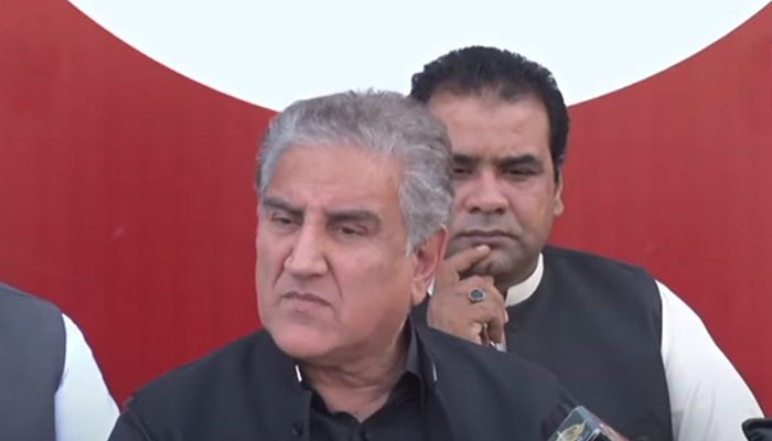 PTI leader and former foreign minister Shah Mahmood Qureshi speaking during a press conference in Islamabad on April 6, 2022. — Screengrab via Hum News Live