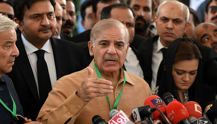 Opposition Leader in the National Assembly Shahbaz Sharif speaks to the media. — AFP/ File