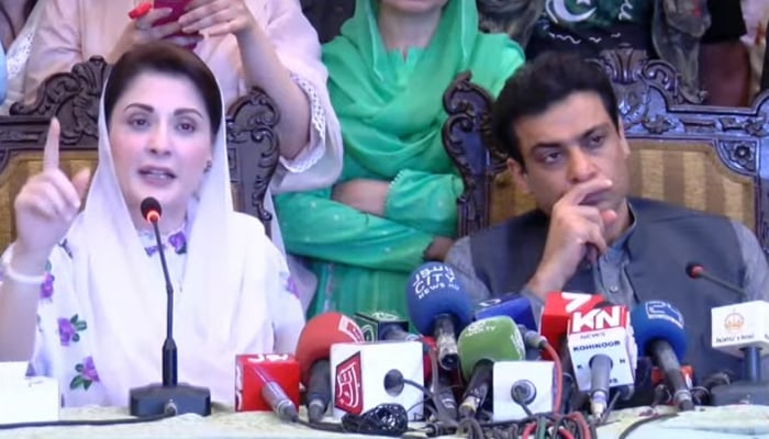 PML-N Vice President Maryam Nawaz (right) speaks to journalists alongside Opposition Leader in the Punjab Assembly Hamza Shahbaz (left) in Lahore, on April 6, 2022. — YouTube/HumNewsLive