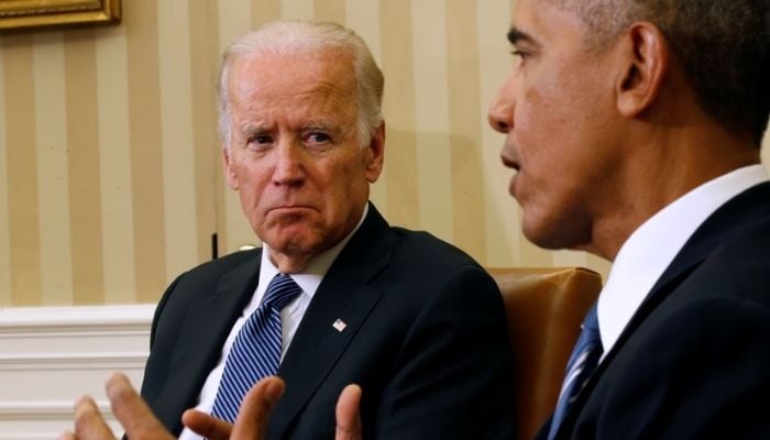 (Representational) U.S. President Joe Biden greets friend and former President Barack Obama met at an event on the Affordable Care Act. — Reuters