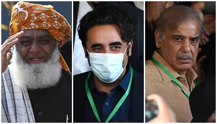 (L to R) PDM chief Fazlur Rehman gestures as he arrives to attend a press conference with leader of Muttahida Qaumi Movement (MQM-P), Khalid Maqbool Siddiqui (not pictured) in Islamabad on March 30, 2022,Chairman of Pakistan Peoples Party (PPP) Bilawal Bhutto Zardari, leaves after a hearing outside the Supreme Court building in Islamabad on April 7, 2022, Opposition Leader Shahbaz Sharif, leaves after a hearing outside the Supreme Court building in Islamabad on April 7, 2022. — AFP