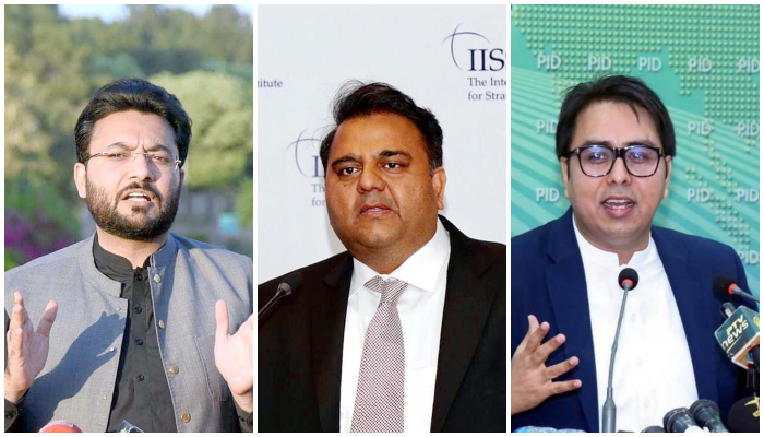 (L to R) State Minister for Information and Broadcasting Farrukh Habib, Minister for Information and Law Fawad Chaudhry, and Special Assistant to the Prime Minister on Political Communication Shahbaz Gill. — APP/PID/File