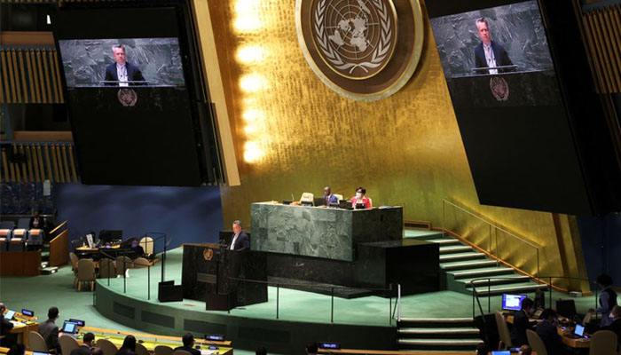 Sergiy Kyslytsya, Permanent Representative of Ukraine to the United Nations delivers remarks during an emergency special session of the U.N. General Assembly on Russias invasion of Ukraine, at the United Nations headquarters in New York City, New York, U.S. April 7, 2022. Photo—REUTERS/Andrew Kelly