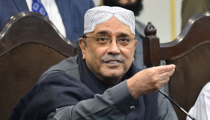 Former president Asif Ali Zardari speaking during a press conference after submitting the no-trust motion against PM Imran Khan on march 8, 2022. Photo— Farooq NAEEM / AFP