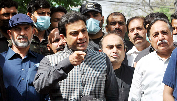 PML-N Opposition Leader in the Punjab Assembly Hamza Shahbaz Sharif talks to journalists during a press conference in Lahore, on March 25, 2022. — PPI