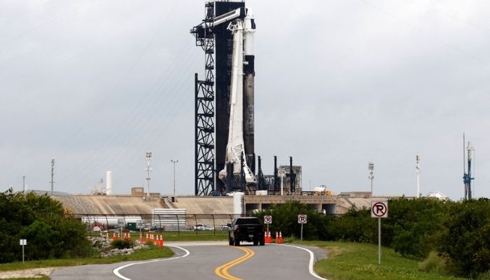 A SpaceX Falcon 9 with the Crew Dragon capsule stands on Pad-39A in preparation for the first private astronaut mission to the International Space Station, from NASAs Kennedy Space Center in Cape Canaveral, Florida, U.S., April 7, 2022. Reuters